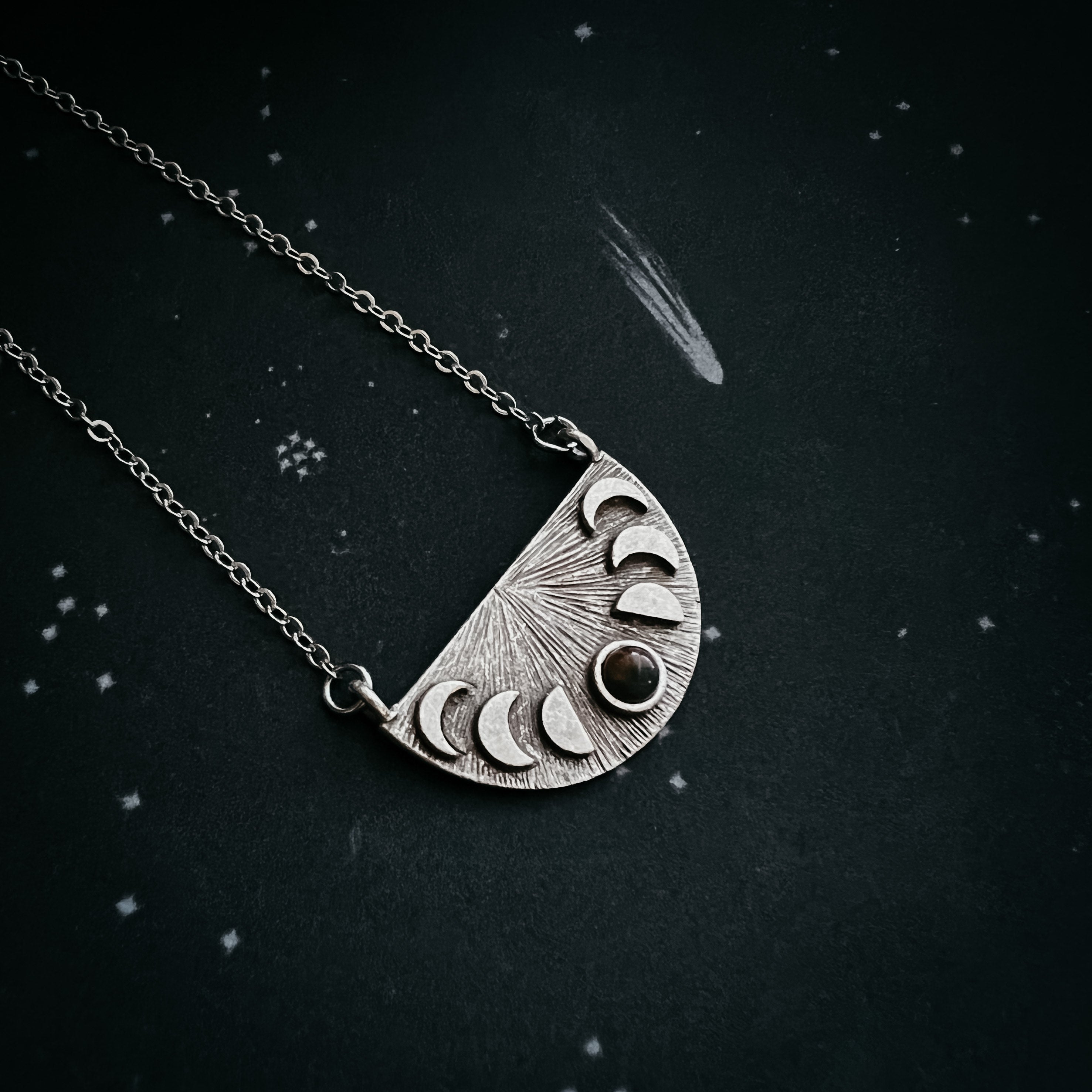 Lunar Eclipse Half Circle Pendant Necklace with Moon Phases and Black