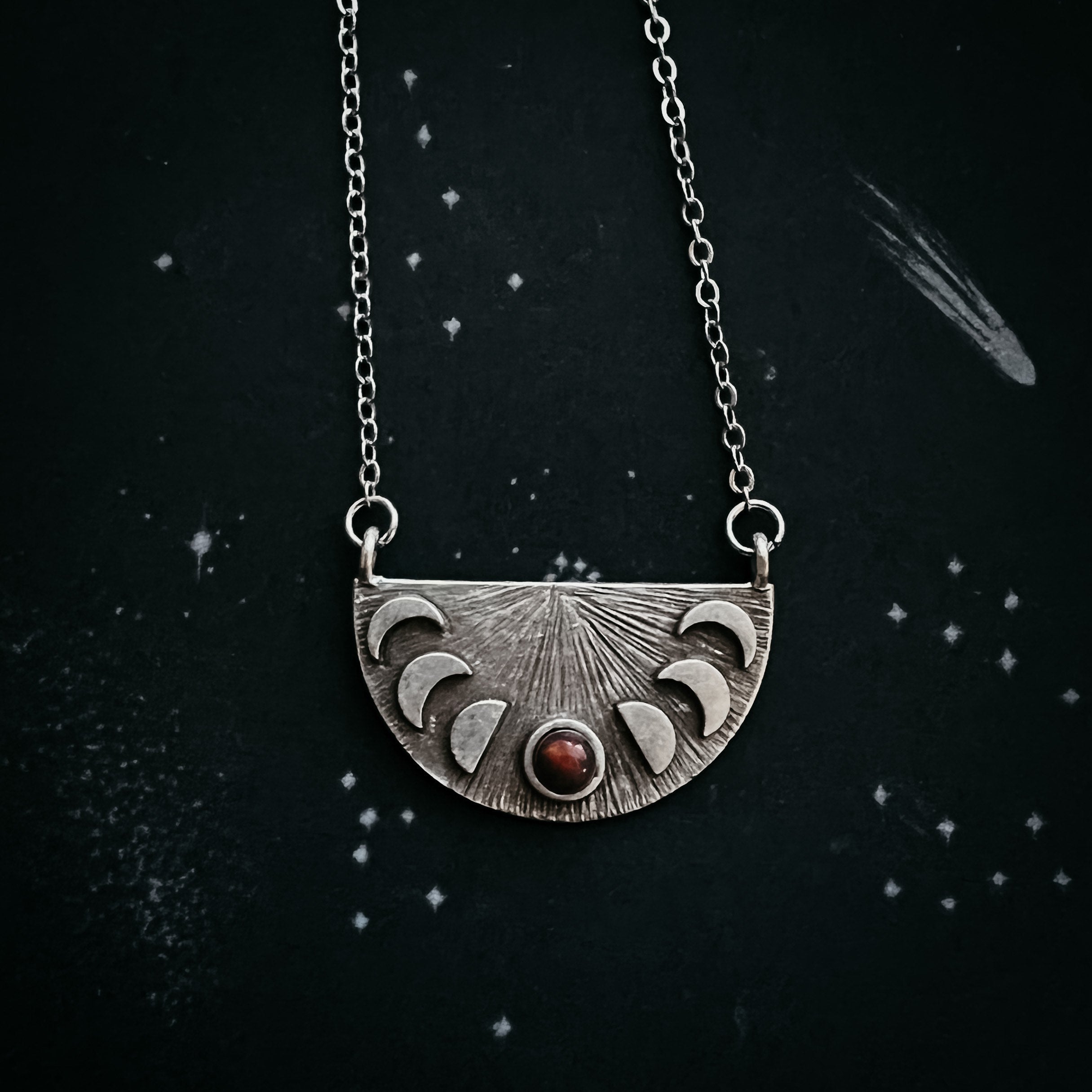Lunar Eclipse Half Circle Pendant Necklace with Moon Phases and Black