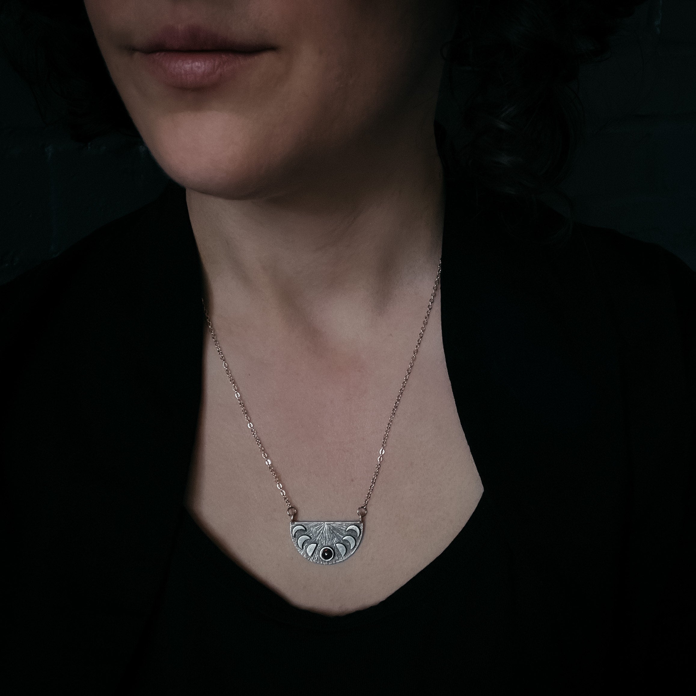Lunar Eclipse Half Circle Pendant Necklace with Moon Phases and Black