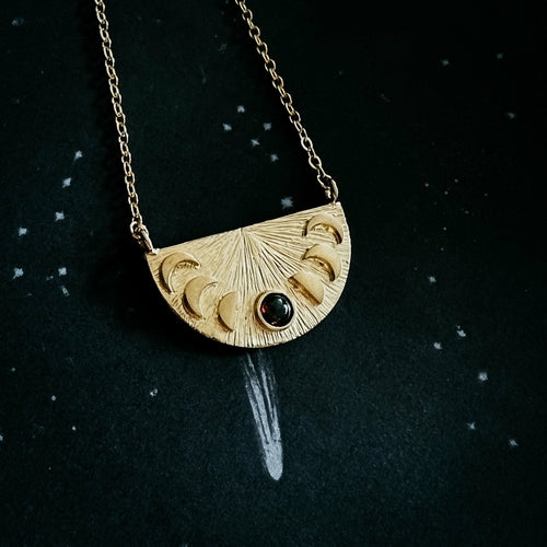 Lunar Eclipse Half Circle Pendant Necklace with Moon Phases and Black