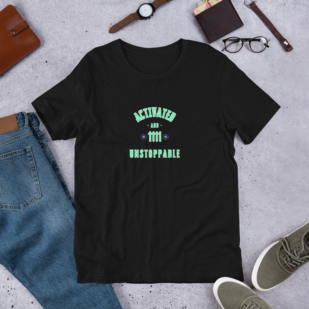 Black unisex T-shirt with 1111 angel number Wear the Frequency graphic on front