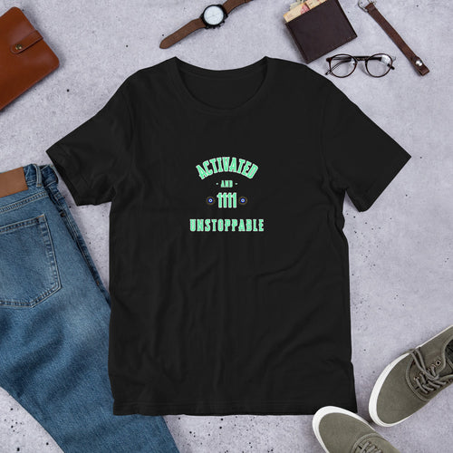 Black unisex T-shirt with 1111 angel number Wear the Frequency graphic on front