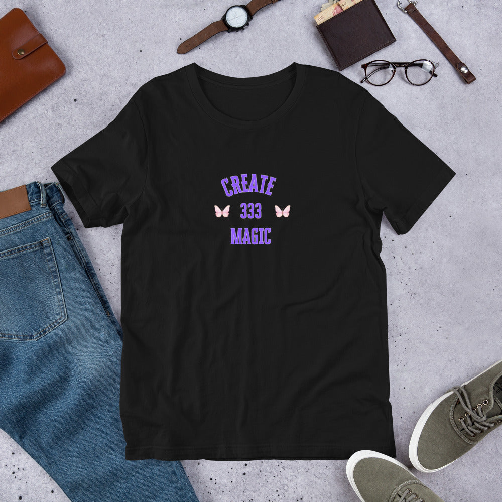 Black unisex T-shirt with 333 angel number Create Magic graphic on front