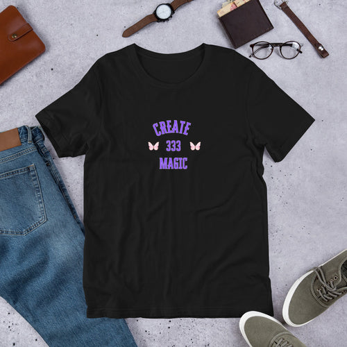 Black unisex T-shirt with 333 angel number Create Magic graphic on front