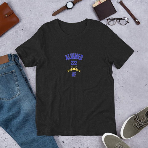 Black unisex T-shirt with 222 angel number Aligned AF graphic on front