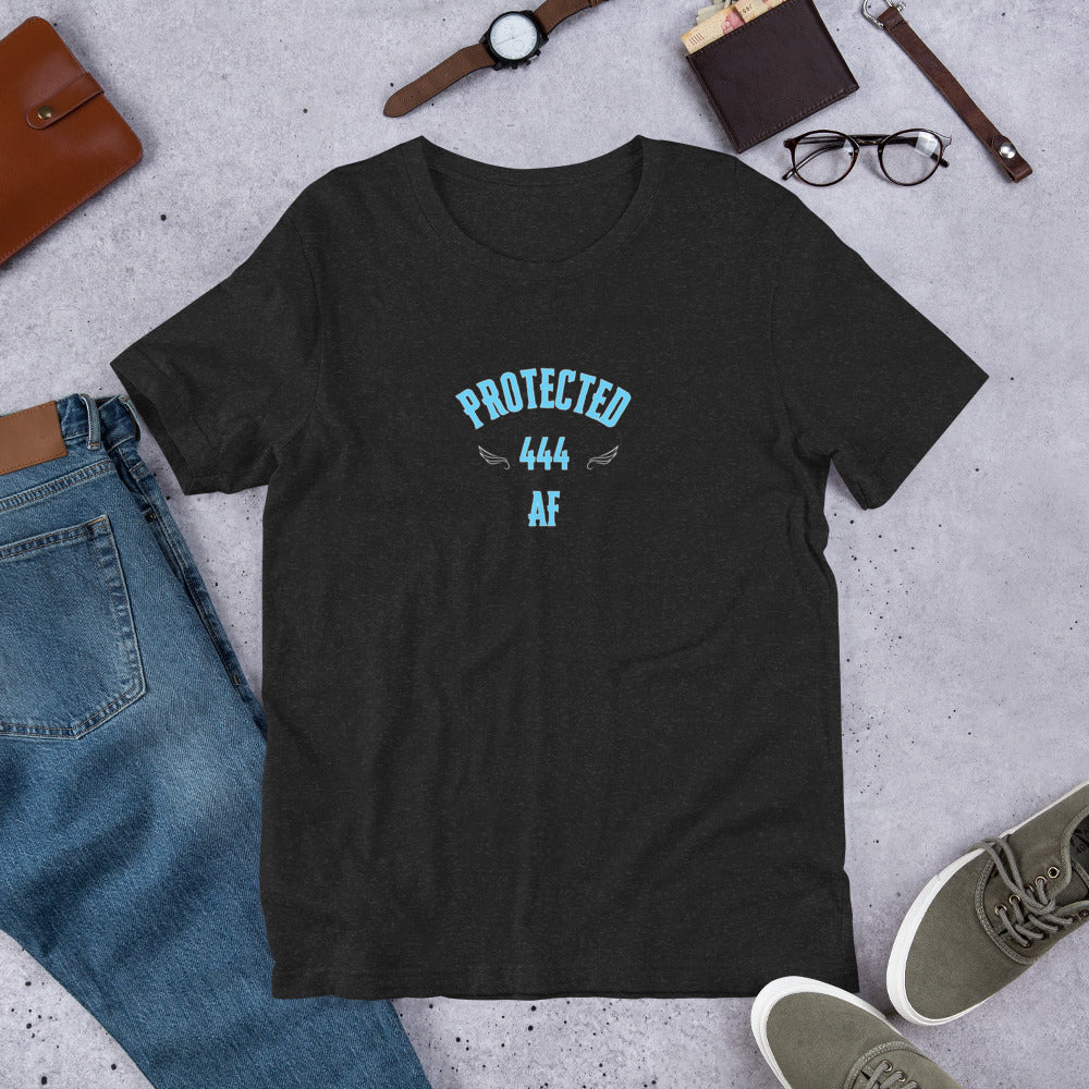 Black unisex T-shirt with 444 angel number Protected AF graphic on front