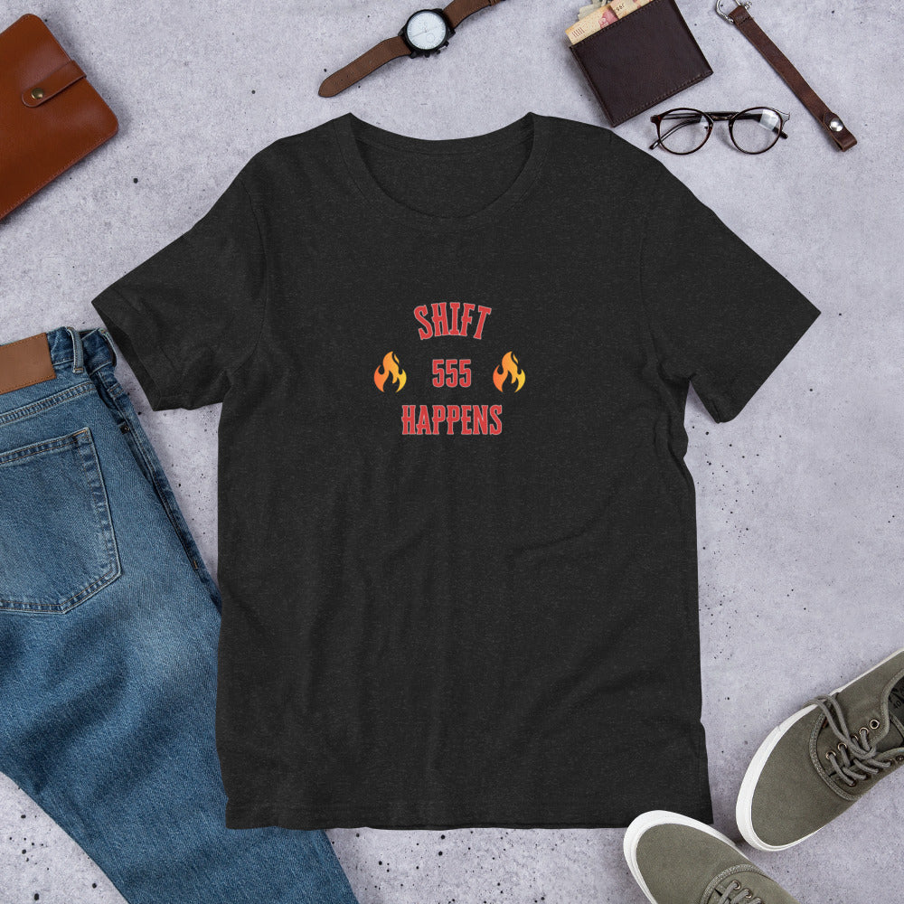 Black unisex T-shirt with 555 angel number Shift Happens graphic on front